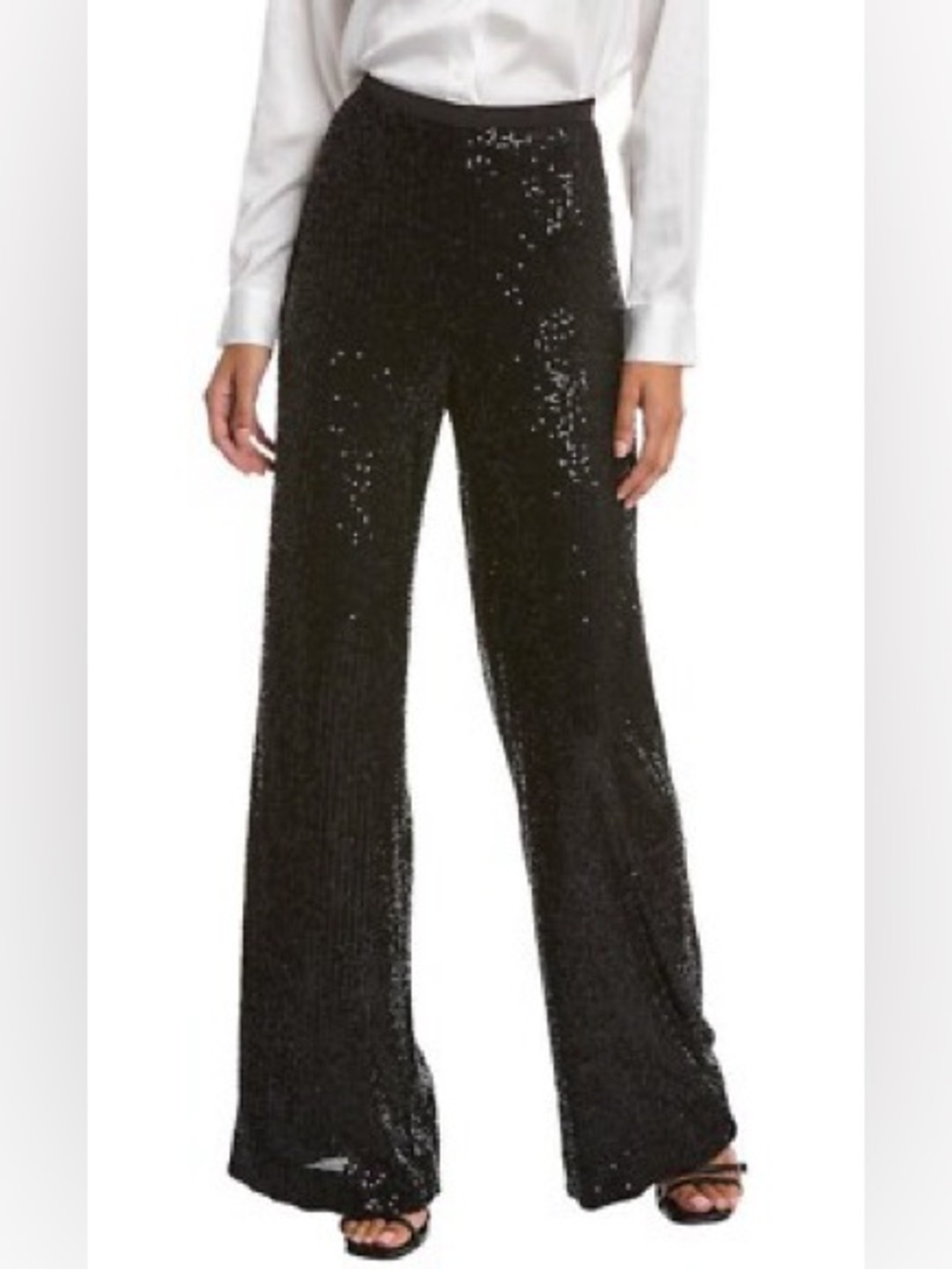 New Ramy Brook Black Sequin Wide Leg Pant Sparkle Long Sz 8